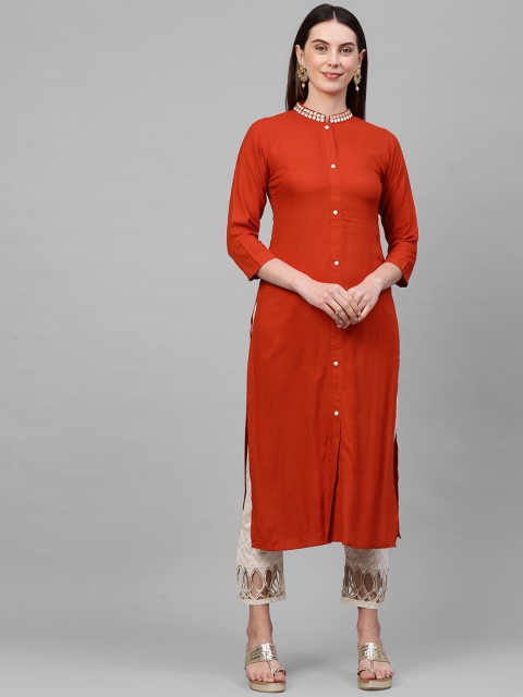 

FASHOR Women Red Embroidered Straight Kurta