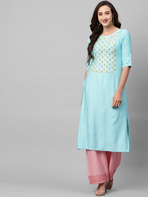 

FASHOR Women Blue & Pink Floral Yoke Design Kurta