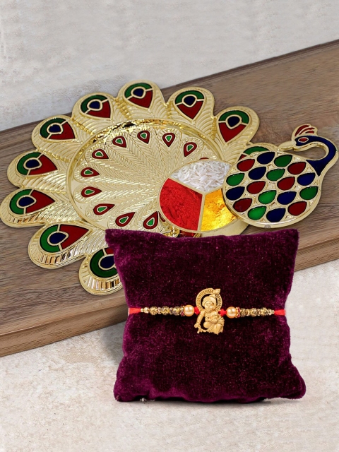 

TIED RIBBONS Red Rakhi With Small Peacock Pooja Thali Plate and Roli Chawal, Multi