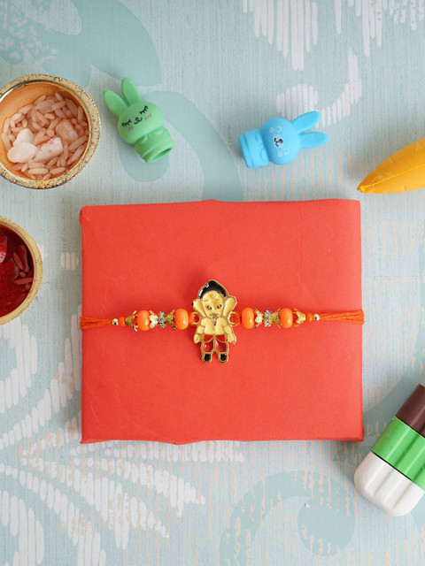 

TIED RIBBONS Boys Gold-Toned & Orange Ganesha Rakhi with Card & Roli Chawal