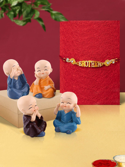 

TIED RIBBONS Kids Set of 4 Buddha Monk Showpieces with Roli Chawal Rakhi GIft Set, Multi
