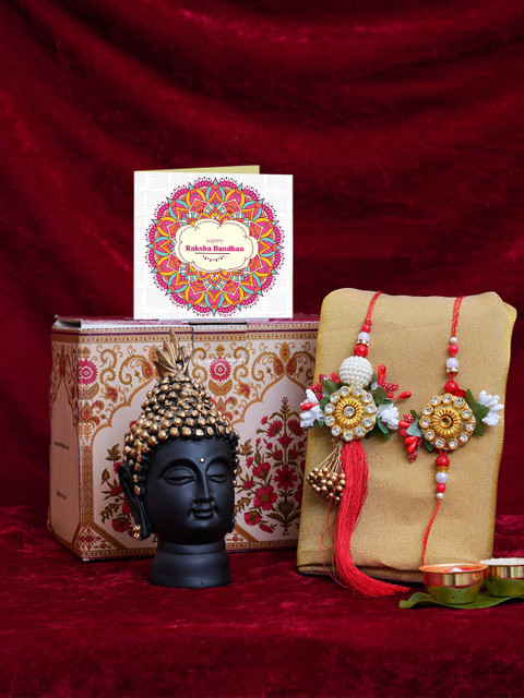 

TIED RIBBONS Red & White Bhaiya Bhabhi Lumba Rakhi Gift Set with Buddha Head Idol