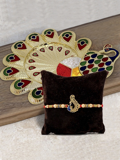 

TIED RIBBONS Rakhi With Peacock Pooja Thali Plate & Roli Chawal, Multi