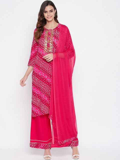

Prakhya Women Pink Floral Printed Layered Kurta with Palazzos & With Dupatta