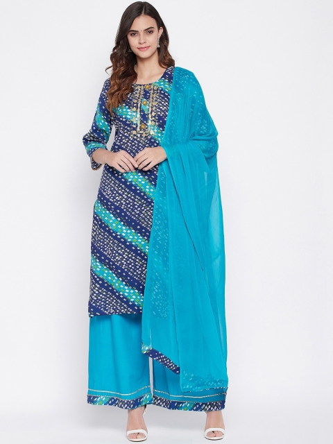

Prakhya Women Blue Embroidered Layered Kurta with Palazzos & With Dupatta