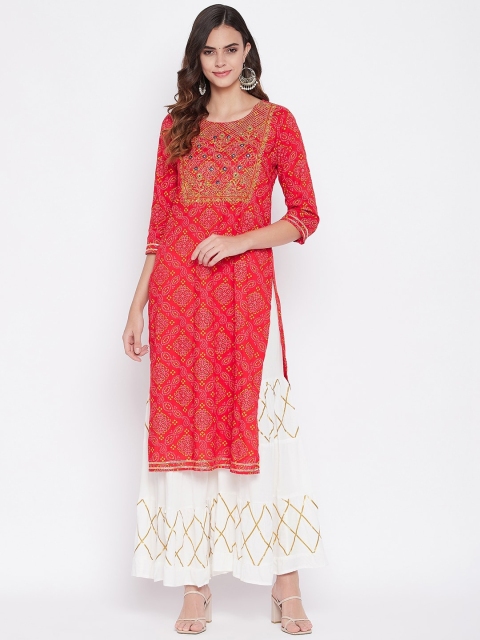 

Prakhya Women Orange Bandhani Embroidered Kurta with Palazzos & With Dupatta