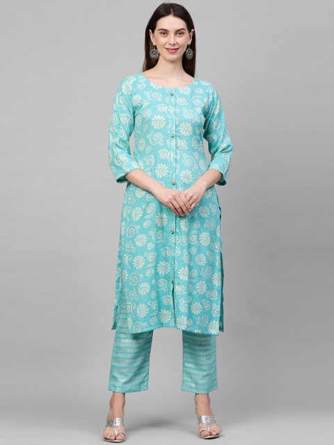 

FASHOR Women Turquoise Blue Ethnic Motifs Printed Kurta with Trousers