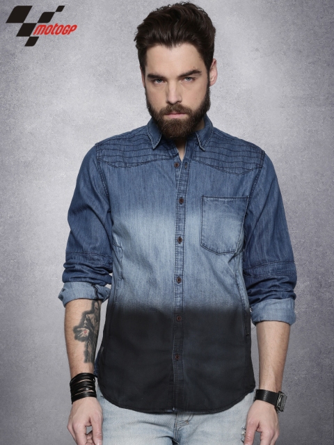 

RDSTR Men Blue & Black MotoGP Denim Faded Casual Shirt