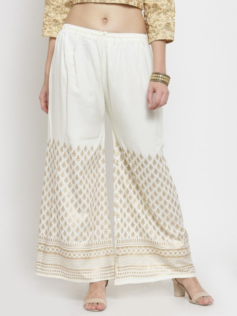 

Clora Creation Women Off White & Gold-Toned Ethnic Motifs Printed Knitted Ethnic Palazzos
