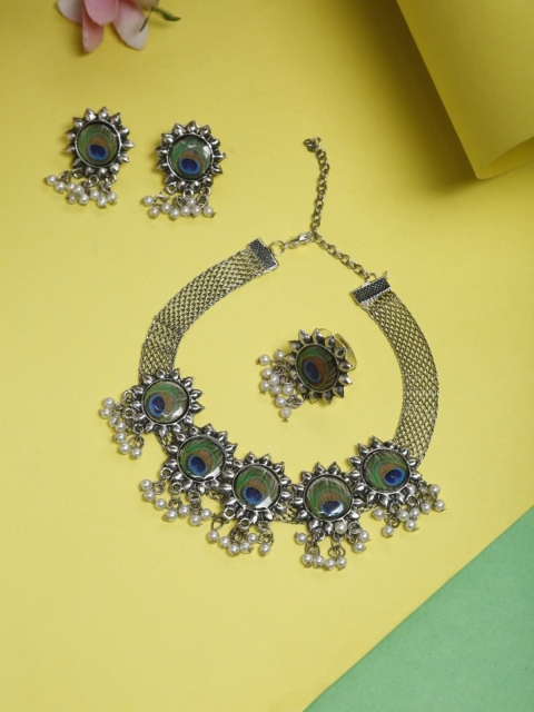 

NEUDIS Oxidized Silver-Plated Green & White Beaded Jewellery Set