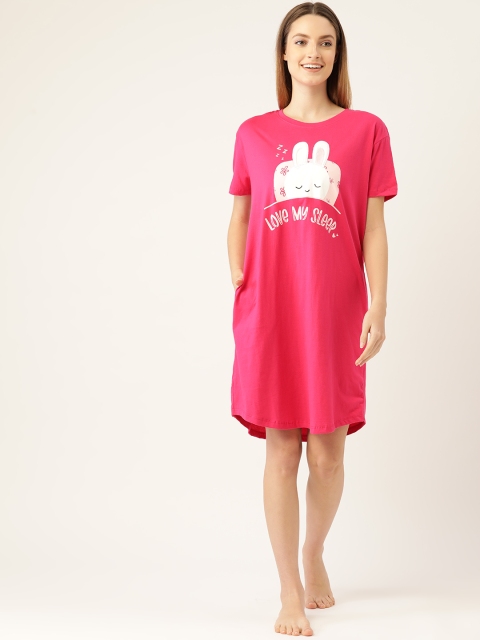 

Sweet Dreams Women Pink & White Bunny Print Cotton Nightdress