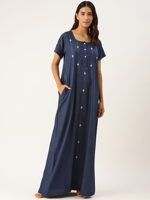 

Sweet Dreams Navy Blue Pure Cotton Embroidered Maxi Nightdress