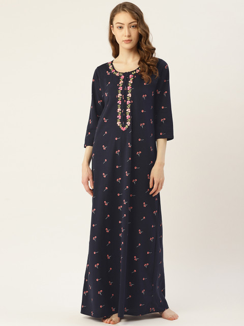

Sweet Dreams Navy Blue & Peach Coloured Floral Print Embroidered Maxi Nightdress