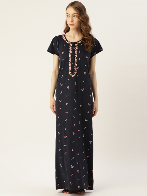 

Sweet Dreams Navy Blue & Peach Coloured Printed Maxi Nightdress