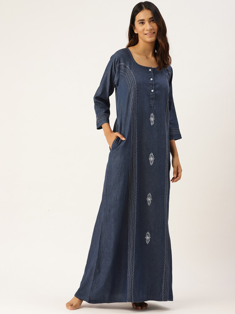 

Sweet Dreams Navy Blue Pure Cotton Embroidered Maxi Nightdress