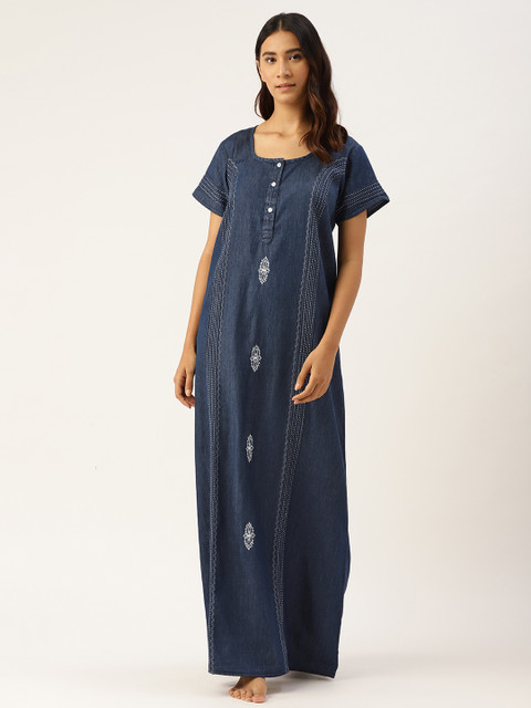 

Sweet Dreams Navy Blue Pure Cotton Embroidered Maxi Nightdress
