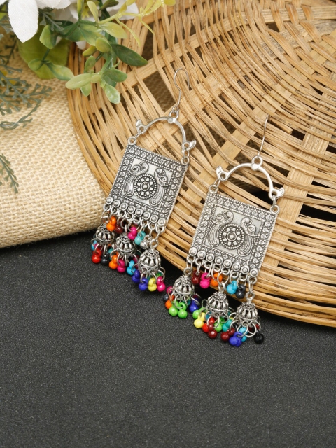 

NEUDIS Silver-Plated Red & Blue Contemporary Oxidized Handcrafted Drop Earrings