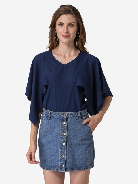 

Modriba Women Navy Blue Solid Cape Crop Tunic Top