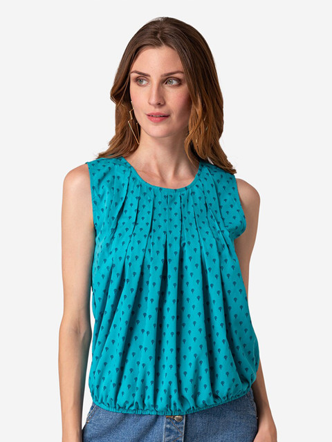 

Modriba Women Blue & Navy Blue Printed Pleated Blouson Top