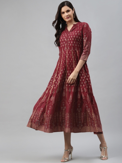 

mokshi Maroon & Golden Ethnic Motifs Foil Print A-Line Midi Dress