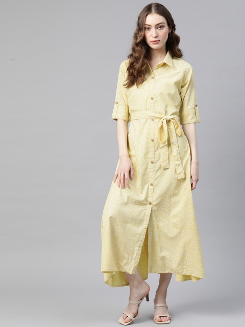 

mokshi Yellow & White Ethnic Motifs Print A-Line Midi Dress with Belt