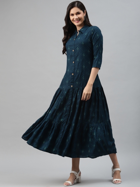 

mokshi Navy Blue & Green Ethnic Motifs Printed Maxi Dress