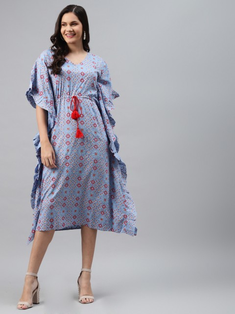 

mokshi Blue & Red Ethnic Motifs Printed Kaftan Midi Dress