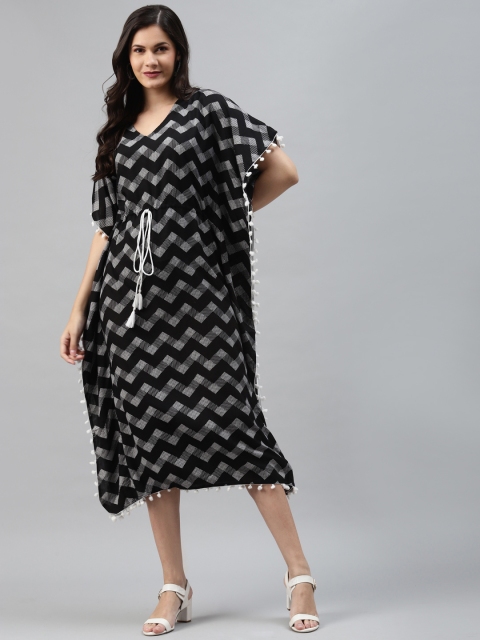 

mokshi Black & White Chevron Printed Kaftan Midi Dress