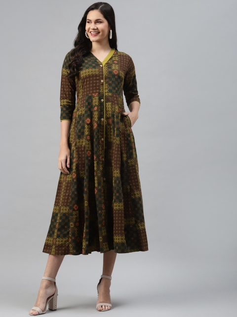 

mokshi Olive Green & Maroon Pure Cotton Ethnic Motifs Printed A-Line Midi Dress