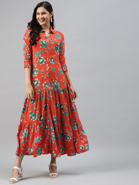 

mokshi Orange & Green Floral Printed Maxi Dress