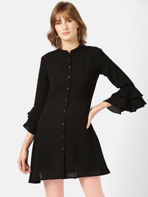 

V2 Value & Variety Women Black Solid Mandarin Collar Crepe Shirt Style Longline Top