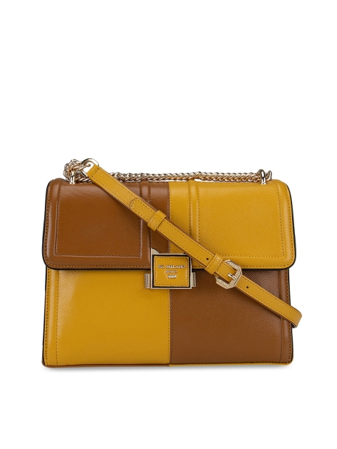 

Da Milano Women Yellow & Brown Colourblocked Leather Structured Sling Bag