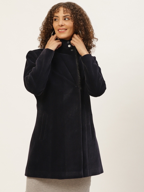 

Okane Women Navy Solid Velvet Finish Overcoat, Navy blue