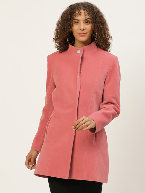 

Okane Women Coral Red Solid Hip Length Overcoat