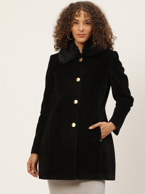 

Okane Women Black Solid Single-Breasted Velvet Finish Overcoat