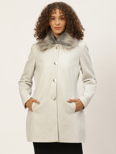 

Okane Women Off White Solid Hip Length Overcoat