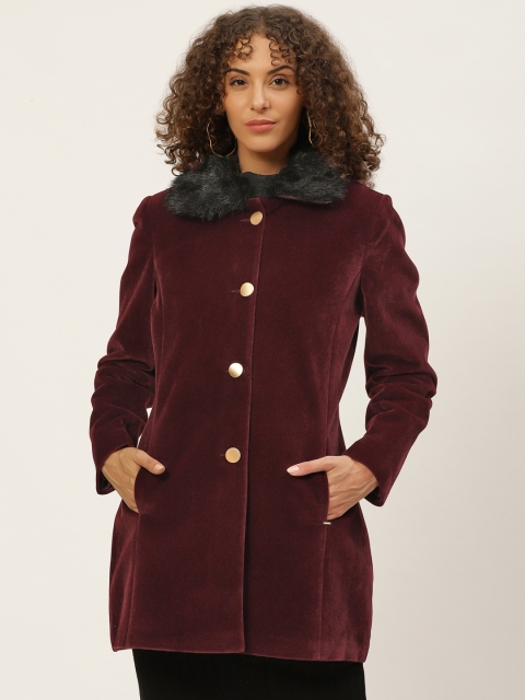 

Okane Women Burgundy Solid Hip Length Overcoat