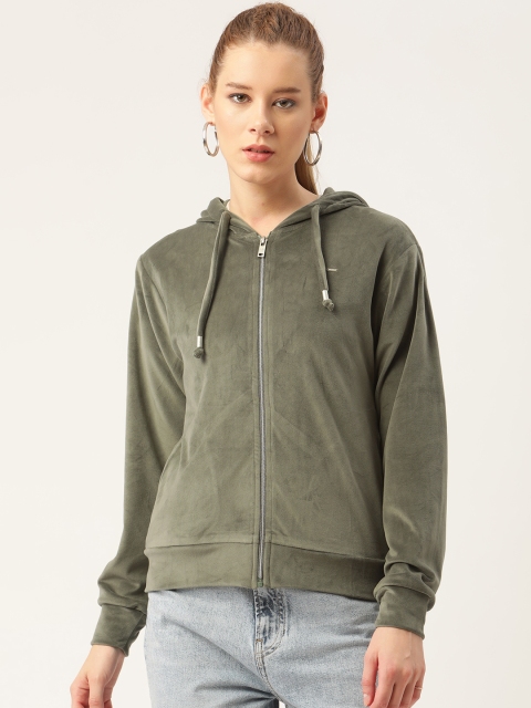 

Okane Women Olive Green Solid Velvet Finish Hooded Front-Open Sweatshirt