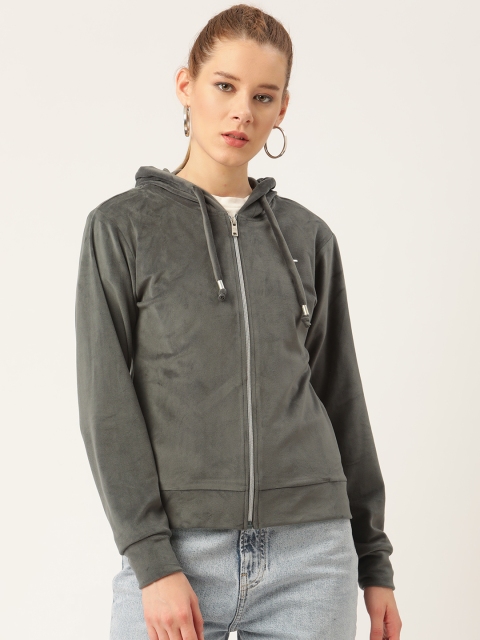 

Okane Women Grey Velvet Finish Hooded Sweatshirt