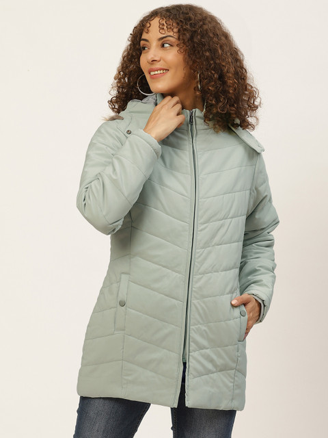 

Okane Women Green Longline Parka Jacket with Detachable Hood