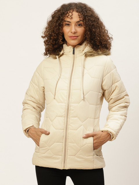 

Okane Women Cream-Coloured Solid Parka Jacket With Detachable Hood