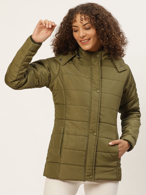 

Okane Women Olive Green Solid Parka Jacket With Detachable Hood