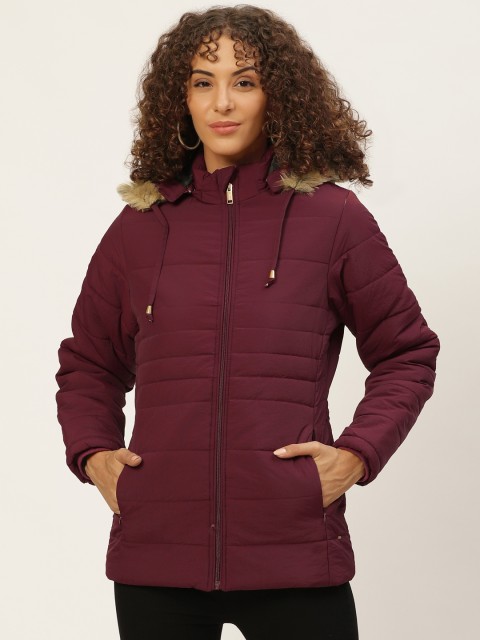 

Okane Women Maroon Solid Parka Jacket With Detachable Hood