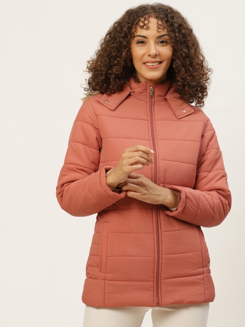 

Okane Women Peach-Coloured Solid Parka Jacket With Detachable Hood
