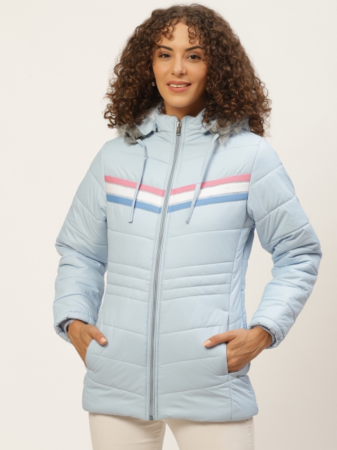 

Okane Women Blue Solid Parka Jacket With Detachable Hood