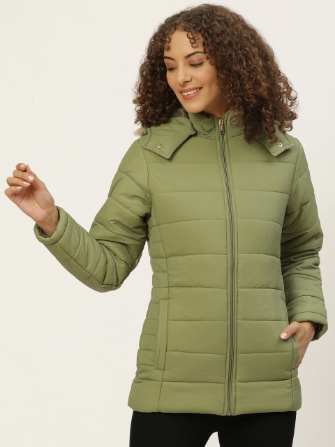 

Okane Women Olive Green Solid Detachable Hood Parka Jacket