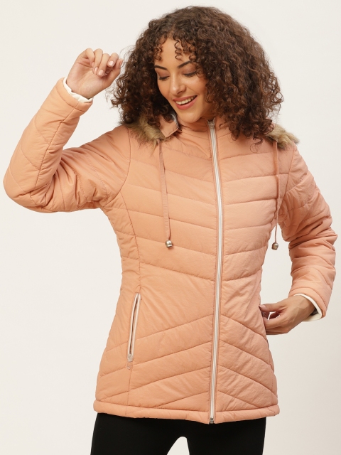 

Okane Women Peach-Coloured Solid Parka Jacket With Detachable Hood