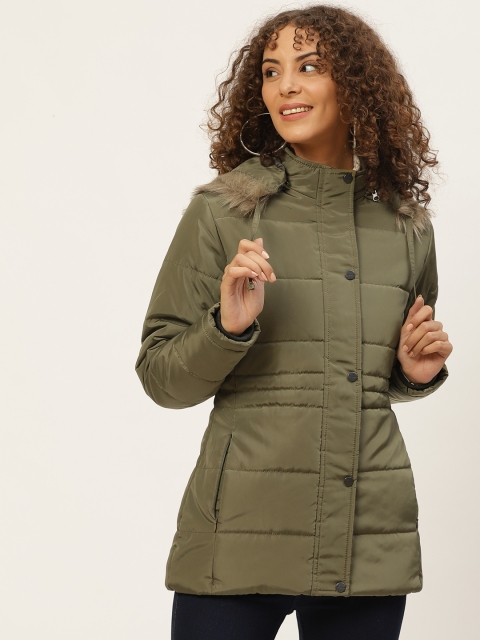 

Okane Men Olive Green Solid Hooded Longline Parka Jacket