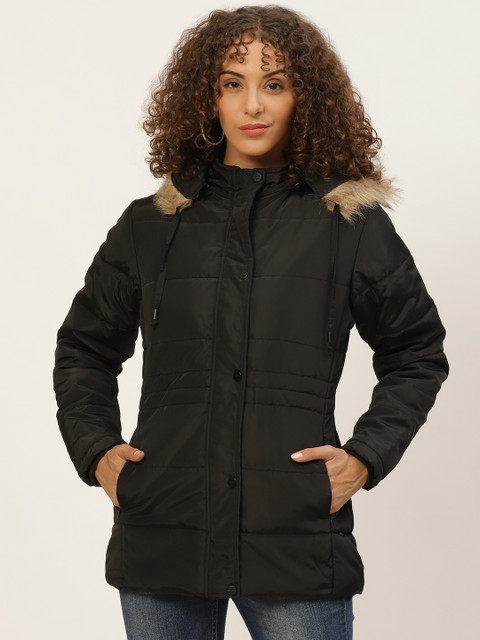 

Okane Women Black Solid Parka Jacket With Detachable Hood