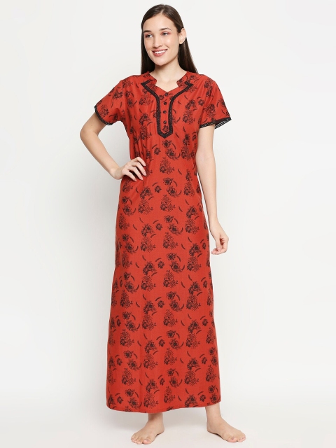 

XIN Women Rust & Black Printed Maxi Nightdress